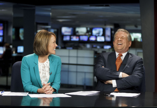 Trent Nelson  |  The Salt Lake Tribune
KSL news anchor Bruce Lindsay is retiring after a three-decade career. He hosted the evening newscast with co-anchor Nadine Wimmer, left, Wednesday, May 23, 2012 in Salt Lake City, Utah.