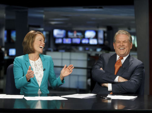 Trent Nelson  |  The Salt Lake Tribune
KSL news anchor Bruce Lindsay is retiring after a three-decade career. He hosted the evening newscast with co-anchor Nadine Wimmer, left, Wednesday, May 23, 2012 in Salt Lake City, Utah.