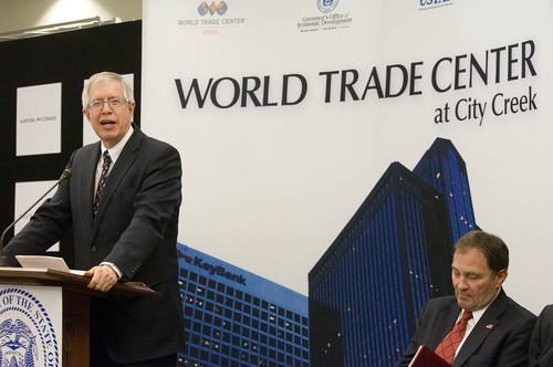 Paul Fraughton / Salt Lake Tribune
Lew Cramer, President and CEO of World Trade Center Utah speaking   at the inauguration and open house of the World Trade Center at City Creek at 60 East South temple.

 Wednesday, May 23, 2012