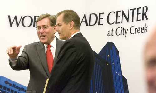 Paul Fraughton / Salt Lake Tribune
President and CEO of Zions National Bank and Chairman of World Trade enter Utah, Scott Anderson, and Bishop Gary E.Stevenson, Presideing Bishop of the LDS Church  at the inauguration and open house of the World Trade Center at City Creek at 60 East South temple.

 Wednesday, May 23, 2012