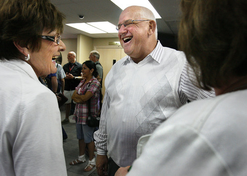 Scott Sommerdorf  |  The Salt Lake Tribune             
Myke Crowder laughs while talking with parishioners between worship services at Christian Life Center, Sunday, May 20, 2012. One year later, Joplin native Myke Crowder plans to head to Joplin, Missouri in his RV just like he did after the F5 tornado struck his hometown.