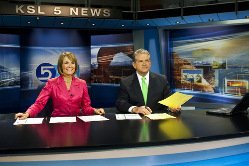 Photo by Chris Detrick  |  The Salt Lake Tribune
Bruce Lindsay and Nadine Wimmer during the KSL 5 Television's Eyewitness News 6 p.m. newscast at the KSL Studio Tuesday,  Aug. 24, 2010.