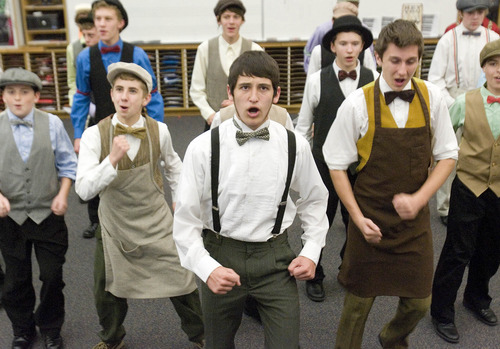 Paul Fraughton / Salt Lake Tribune
Taylor Bangerter, (center)  playing Horace Vandergelder in Centerville Jr. High School's production of 