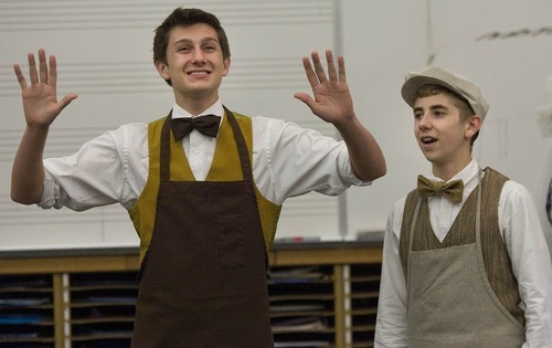 Paul Fraughton / Salt Lake Tribune
Cory Wayman,playing Cornelius Hackl and Tanner Johnson as Barnaby Tucker in Centerville Jr. High School's production of 