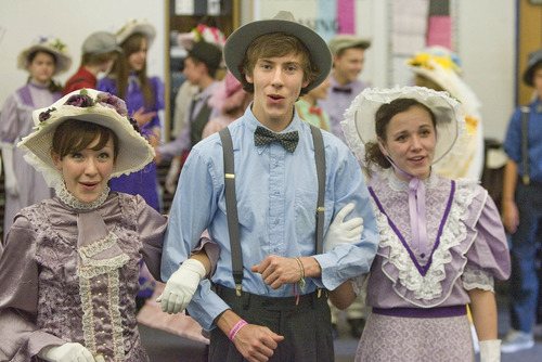 Paul Fraughton / Salt Lake Tribune
Savannah Moffat as Dolly Levi, Spencer Moore as Ambrose Kemper and McKenna Wright as Ermengarde in Centerville Jr. High School's production of 