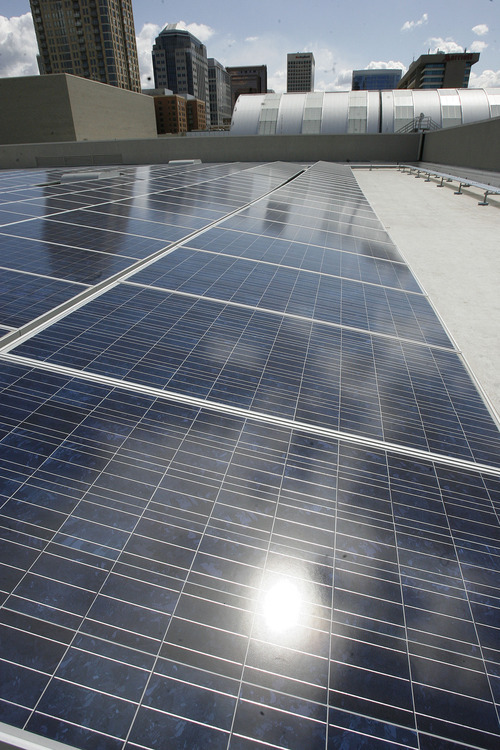 Scott Sommerdorf  |  The Salt Lake Tribune             
A small section of the 1.65 megawatt array of solar panels on top of the Salt Palace Convention Center.