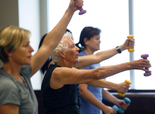 Al Hartmann  |  The Salt Lake Tribune
Kathy Rothfels, 87, participates in an exercise class at The Bar Method in Salt Lake City.