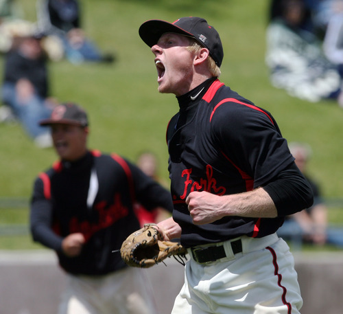Steve Griffin/The Salt Lake Tribune


 American Fork  pitcher Blake Brailsford screams with excitement after defeating Alta in 5A playoff game at Kearns High School in Kearns, Utah Thursday May 24, 2012.