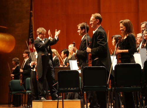 Kim Raff | The Salt Lake Tribune
The Utah Symphony with conductor Thierry Fischer takes a bow before intermission at the symphony's season closer at Abravanel Hall in Salt Lake City, Utah on May 25, 2012.