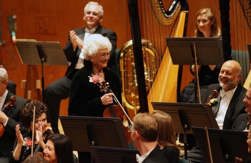 Kim Raff | The Salt Lake Tribune
Frances Darger stands after being recognized for playing with The Utah Symphony for 70 years during the symphony's season closer at Abravanel Hall in Salt Lake City, Utah on May 25, 2012.  This is also Darger's last performance with the Symphony.