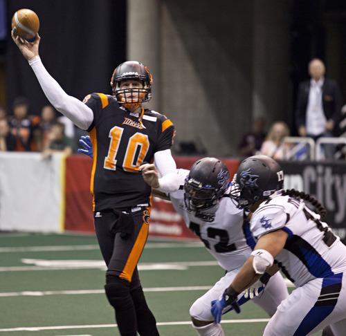 Lennie Mahler  |  The Salt Lake Tribune
Utah Blaze QB Tommy Grady releases a pass against the San Antonio Talons on Saturday, May 26, 2012, at EnergySolutions Arena.