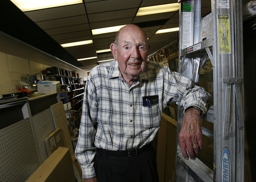 Scott Sommerdorf  |  The Salt Lake Tribune             
David Parry in his Holladay store, Monday, May 21, 2012. He served in Europe during World War II, and is still active in his business, Parry Office Supply & Machines in Holladay. He's still at work at age 88. Lue Baadsgaard, a regular customer has written his story.