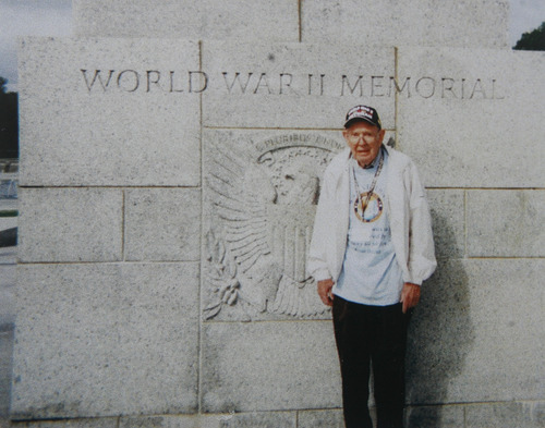 Scott Sommerdorf  |  The Salt Lake Tribune             
David Parry in a personal photo showing him visiting the WWII memorial in Washington, D.C. He served in Europe during World War II, and is still active in his business, Parry Office Supply & Machines in Holladay. He's still at work at age 88. Lue Baadsgaard, a regular customer has written his story.