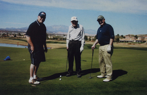 Scott Sommerdorf  |  The Salt Lake Tribune             
David Parry, center, in a photo of his with golfing buddies in St. George. He served in Europe during World War II, and is still active in his business, Parry Office Supply & Machines in Holladay. He's still at work at age 88. Lue Baadsgaard, a regular customer has written his story.