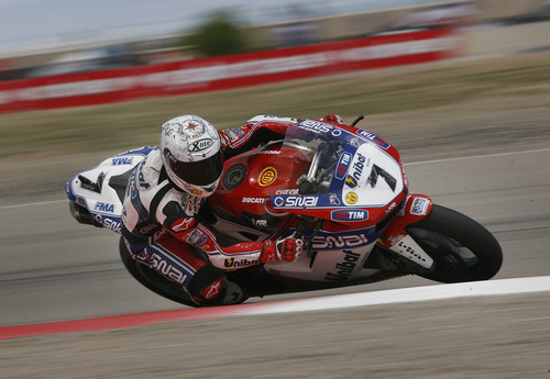Scott Sommerdorf  |  The Salt Lake Tribune             
Carlos Checa coming out of the Knockout turn on his way to winning FIM Superbike World Championship Race One, Monday, May 28, 2012.