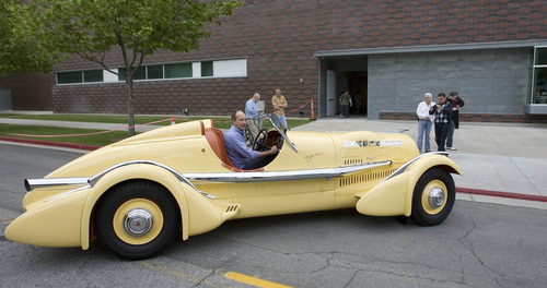 Paul Fraughton | Salt Lake Tribune
John Carefoot sits inside the Mormon Meteor I  in front of the  Utah Museum of Fine Arts in Salt Lake City on Wednesday, May 23, 2012. The car is one of 19 classic cars that will be featured in an upcoming exhibit at the museum.