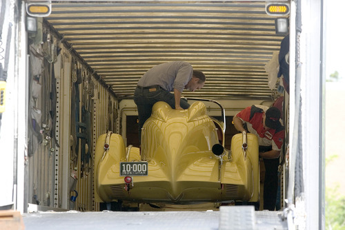 Paul Fraughton | Salt Lake Tribune
John Carefoot climbs inside the Mormon Meteor I  as it sits inside a transport trailer before being unloaded for an upcoming exhibit at the Utah Museum of Fine Arts.