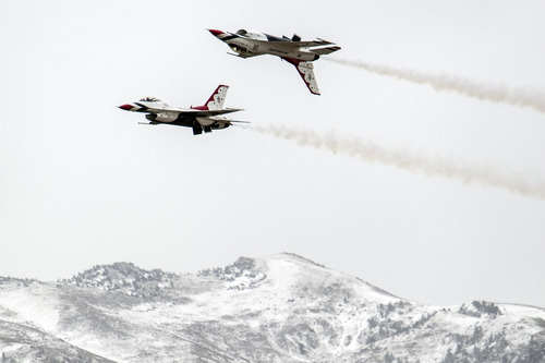 Chris Detrick  |  The Salt Lake Tribune
The U.S. Air Force Air Demonstration Squadron, the Thunderbirds, perform precision aerial maneuvers during the Warriors Over the Wasatch airshow at Hill Air Force Base Saturday May 26, 2012.