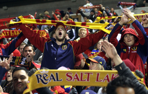 Rick Egan  | The Salt Lake Tribune 

Real Salt Lake fans cheer during MLS soccer action, Real Salt Lake vs FC Dallas, in Sandy, Saturday, May 26, 2012.