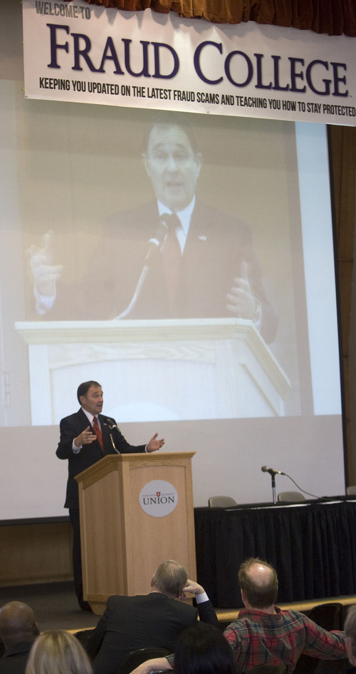 Al Hartmann  |  The Salt Lake Tribune 
Utah Governor Gary Herbert speaks at the Fraud College event at the University of Utah Wednesday  February 15.  The event is to educate and inform the public in Utah against fraud with panels, speakers and booths.