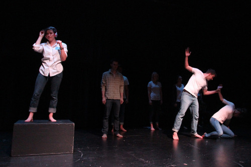 Rick Egan  | The Salt Lake Tribune 

Anne Brings (left) and Michael Calacino, and Amanda Maylett (right), perform in the Westminster theater project, 