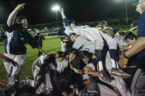 Chris Detrick  |  The Salt Lake Tribune
Members of the Skyline baseball team celebrate after winning the 4A championship game at Kearns High School Friday May 25, 2012.  Skyline defeated Timpanogos 8-7 in ten innings.