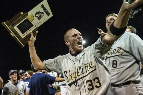 Chris Detrick  |  The Salt Lake Tribune
Skyline's Clint Berhow (33) celebrates after winning the 4A championship game at Kearns High School Friday May 25, 2012.  Skyline defeated Timpanogos 8-7 in ten innings.