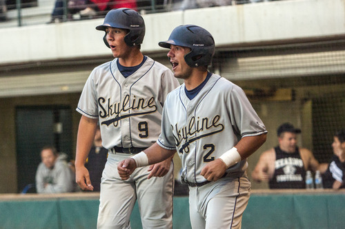 Chris Detrick  |  The Salt Lake Tribune
Skyline's Bryce Barr (9) and Skyline's Josh Stephens (2) celebrate after scoring runs during the 4A championship game at Kearns High School Friday May 25, 2012.