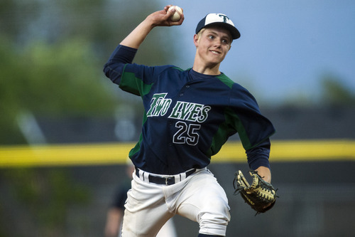 Chris Detrick  |  The Salt Lake Tribune
Timpanogos' Tanner Nielsen (25) pitches during the 4A championship game at Kearns High School Friday May 25, 2012.