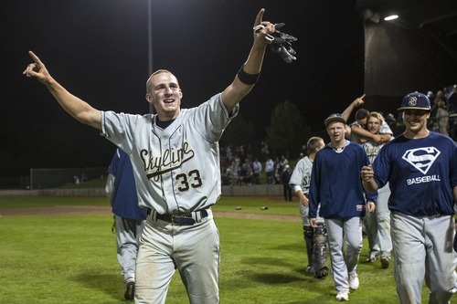 Chris Detrick  |  The Salt Lake Tribune
Skyline's Clint Berhow (33) celebrates after winning the 4A championship game at Kearns High School Friday May 25, 2012.  Skyline defeated Timpanogos 8-7 in ten innings.