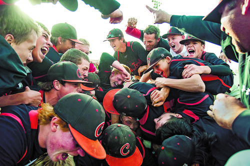 Chris Detrick  |  The Salt Lake Tribune
Members of the American Fork baseball team celebrate after winning the 5A championship game at Kearns High School.  American Fork won the game 5-4.