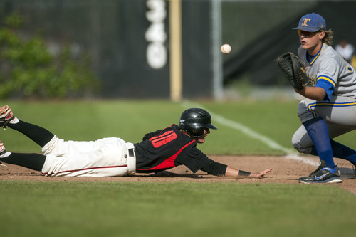 Chris Detrick  |  The Salt Lake Tribune
American Fork's Zac Haws (10) dives safely back to first bast past Taylorsville's Jackson Roper (32) during the 5A championship game at Kearns High School Friday May 25, 2012.  American Fork won the game 5-4.
