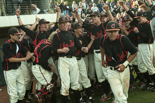 Chris Detrick  |  The Salt Lake Tribune
Members of the American Fork baseball team celebrate after winning the 5A championship game at Kearns High School Friday May 25, 2012.  American Fork won the game 5-4.