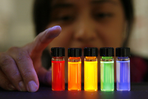 Francisco Kjolseth  |  The Salt Lake Tribune
Jacqueline Siy-Ronquillo displays Quantum dots in solution, which under uv-light emit different wave lengths of light. The manmade Quantum dots only seen through high powered microscopes are semiconductor nanocrystals that can emit a wider range of light with less energy than existing materials, so could be used in future upgrades of solar panels, televisions, cellphones and related products -- to save energy and extend battery power.
