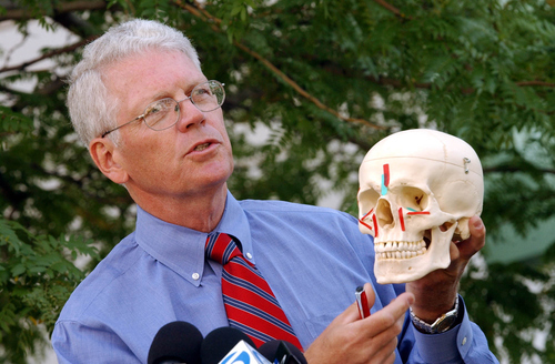 Francisco Kjolseth  |  Tribune file photo
Edward Clark, Medical Director for Primary Children's Medical Center, uses a model skull to point out eight titanium plates and two bone grafs that were recently done on an 11-year-old girl suffered after being attacked in her home.