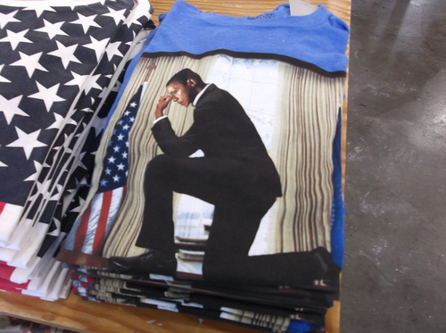 This shirt depicting President Barack Obama is on sale at the Urban Outfitters in Salt Lake City. New Mitt Romney designs aren't in stock yet. (Photo by Sean P. Means  |  The Salt Lake Tribune)
