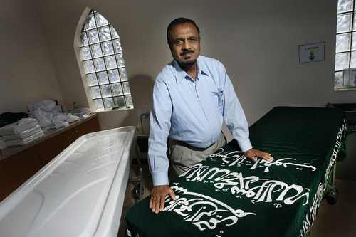 Scott Sommerdorf  |  The Salt Lake Tribune             
Sheikh Maqbool Ahmed in the room at Redwood Memorial Estates where he bathes and wraps the bodies of Utah Muslims. Thursday, May 24, 2012.
