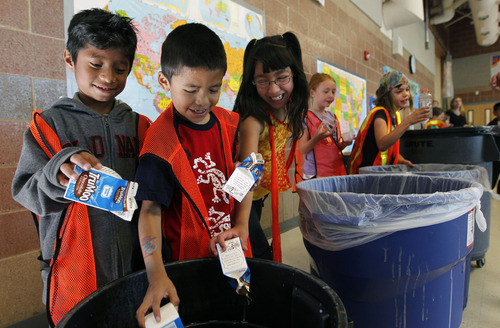 Al Hartmann  |  The Salt Lake Tribune 
Second-graders at Parley's Park Elementary School in Park City recycle most items from their lunch trays on Thursday, May 31.   The class finished second in the country in a contest for its recycling project.