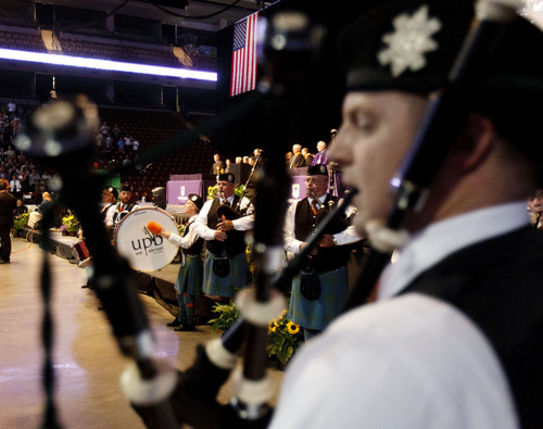 Trent Nelson  |  The Salt Lake Tribune
The Utah Pipe Band performs during the Processional at Westminster College's Commencement Saturday, June 2, 2012 at the Maverik Center in West Valley City.