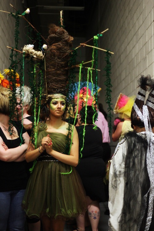 Kim Raff | The Salt Lake Tribune
Adriana Choto, left, from The 5 Elements show waits backstage during the Avalon School of Cosmetology's Fantasy Hair Show at Peery's Egyptian Theater in Ogden on Saturday, June 2, 2012.