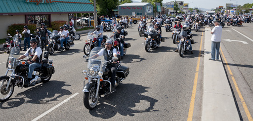 Michael Mangum  |  Special to the Tribune

Bikers take to the street at the beginning of the 61st Annual Wendover MDA Ride on State Street near the Harley-Davidson of Salt Lake City shop on Sunday, June 3, 2012. Joe Timmons, the shop's owner, estimates that over 2000 bikers participated in the ride, which is geared toward raising funds for the Muscular Dystrophy Association in Utah.