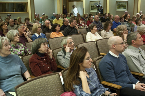 Chris Detrick  |  The Salt Lake Tribune
People listen as Sierra Club's Tim Wagner speaks during a meeting at Bountiful City Hall Thursday March 22, 2012. Residents of Davis County, North Salt Lake, and doctors from the Utah Physicians for a Healthy Environment discussed the public health impacts of proposed refinery expansions.