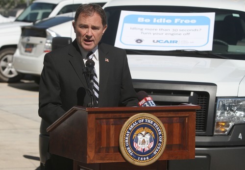 Rick Egan  | The Salt Lake Tribune 

Gov. Gary Herbert speaks before signing an order Thursday mandating that all 7,300 state vehicles be turned off after 30 seconds of idling when not in traffic, to help reduce air pollution, at the Multi-Agency Complex.