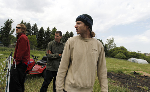 Al Hartmann  |  The Salt Lake Tribune 
Chase England, left, Jordan Arnold and Kyle England work a 15-acre farm in East Layton where they grow mushrooms, chickens, and vegetables and fruit.    They  will be new vendors at this year's Downtown Farmer's Market at Pioneer Park, which starts June 9.