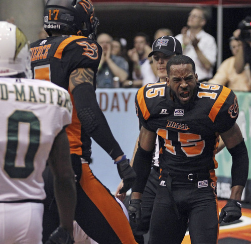Lennie Mahler  |  The Salt Lake Tribune
Utah Blaze wide receiver Alvance Robinson celebrates after a touchdown in the first half against the San Jose SaberCats at EnergySolutions Arena on Saturday, March 24, 2012.