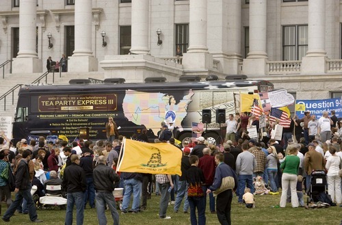 Trent Nelson  |  Tribune file photo
The Tea Party Express made a stop at the Utah State Capitol last year, waving the Gadsden flag that has become associated with the conservative movement.