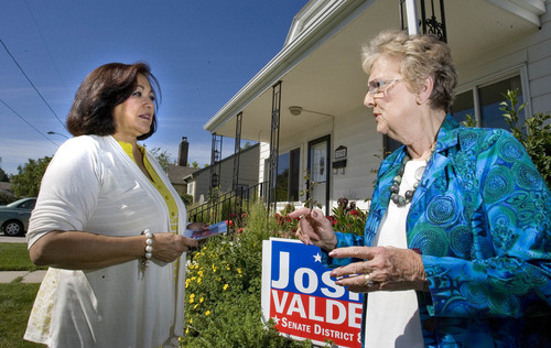 Paul Fraughton / Salt Lake Tribune
Josie Valdez, a Democratic  candidate for the Utah Senate, while canvasing in a Midvale neighborhood  talks with the mayor of Midvale JoAnn Seghini.

 Friday, June 1, 2012