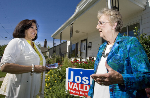 Paul Fraughton  |  Salt Lake Tribune
Josie Valdez, a Democratic  candidate for the Utah Senate, while canvasing in a Midvale neighborhood  talks with the mayor of Midvale JoAnn Seghini.