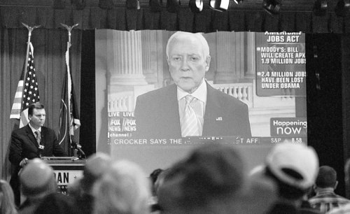 Paul Fraughton | Salt Lake Tribune
Dan Liljenquist holds a mock debate against Sen. Orin Hatch using a video clip of Hatch Thursday, June 7, 2012 at the Sons of the Utah Pioneers National Headquarters in Salt Lake City.