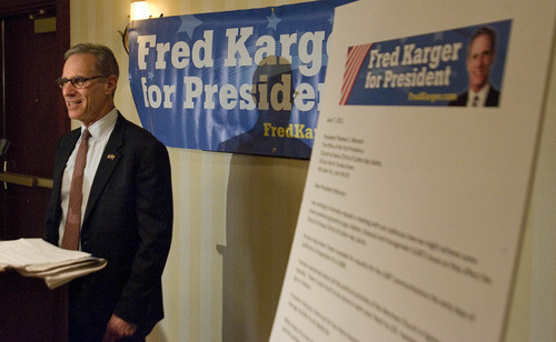 Paul Fraughton / Salt Lake Tribune
Fred Karger, the first openly gay presidential candidate speaking at a press conference at the Marriott Hotel Downtown in Salt Lake City. To his left is a copy of a letter he sent to LDS Church president, Thomas S. Monson requesting a meeting with the church leader to discuss  gay, lesbian,bisexual and transgender issues. Karger will be on the GOP primary ballot in the June 26th primary.
 Friday, June 8, 2012